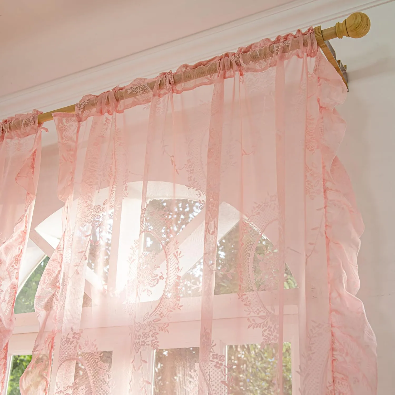 Pink Lace Curtains 2 Panels 72 inches Long for Kitchen Nursery Room, Sheer Rose Florals Embroidery Shabby Chic Window Treatments Drapes Pair for Kid Girl's Room, Rod Pocket W57 x L72