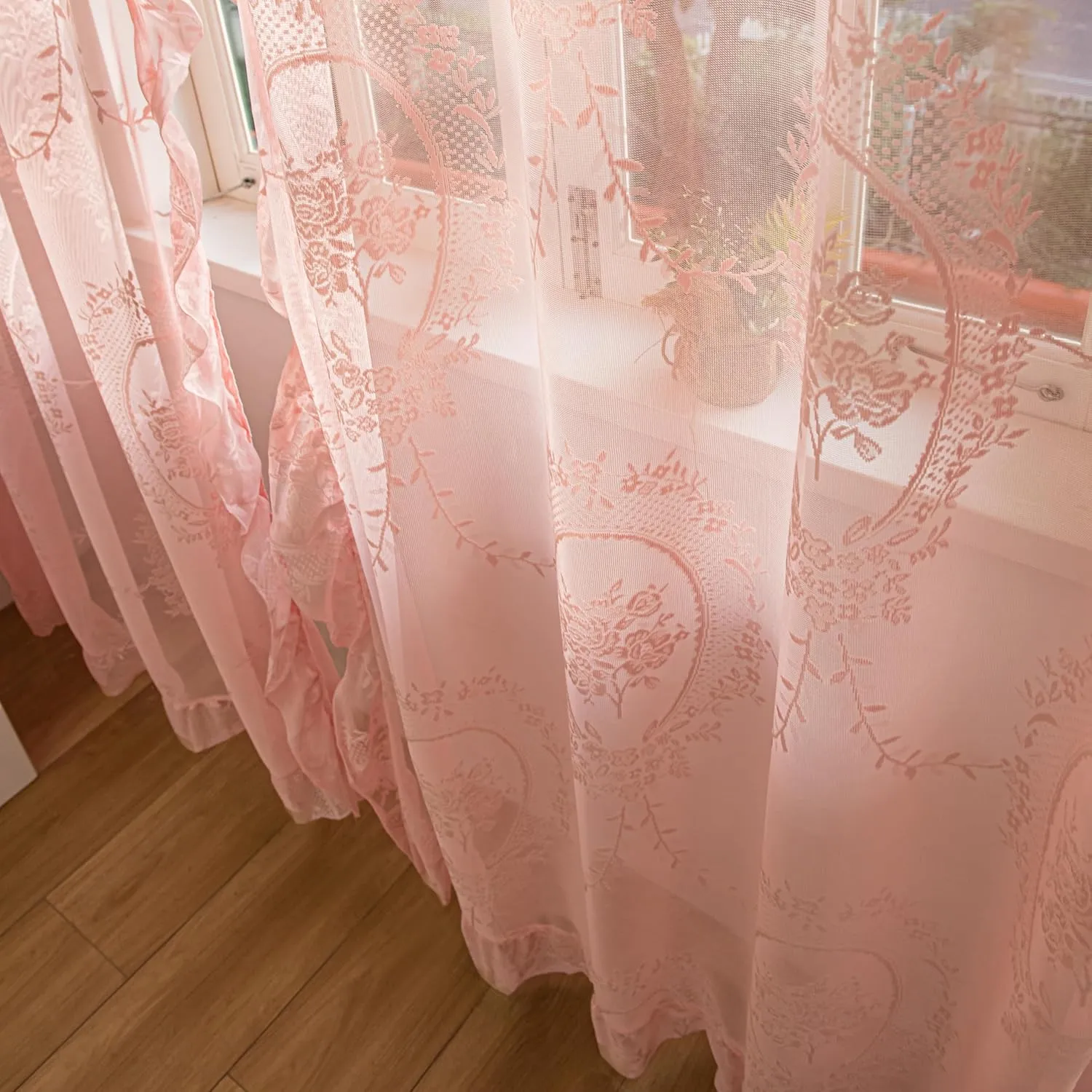 Pink Lace Curtains 2 Panels 72 inches Long for Kitchen Nursery Room, Sheer Rose Florals Embroidery Shabby Chic Window Treatments Drapes Pair for Kid Girl's Room, Rod Pocket W57 x L72