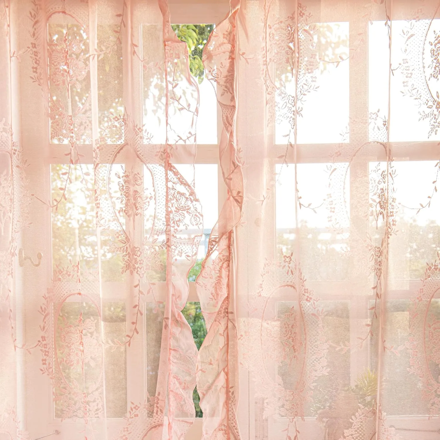 Pink Lace Curtains 2 Panels 72 inches Long for Kitchen Nursery Room, Sheer Rose Florals Embroidery Shabby Chic Window Treatments Drapes Pair for Kid Girl's Room, Rod Pocket W57 x L72