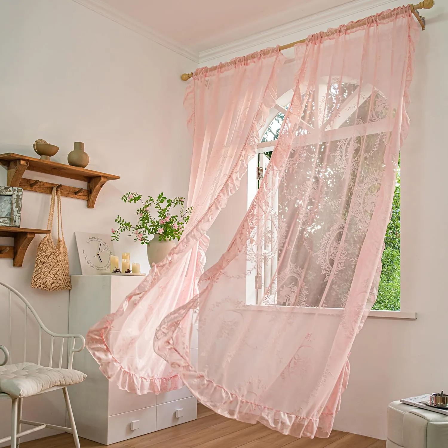 Pink Lace Curtains 2 Panels 72 inches Long for Kitchen Nursery Room, Sheer Rose Florals Embroidery Shabby Chic Window Treatments Drapes Pair for Kid Girl's Room, Rod Pocket W57 x L72