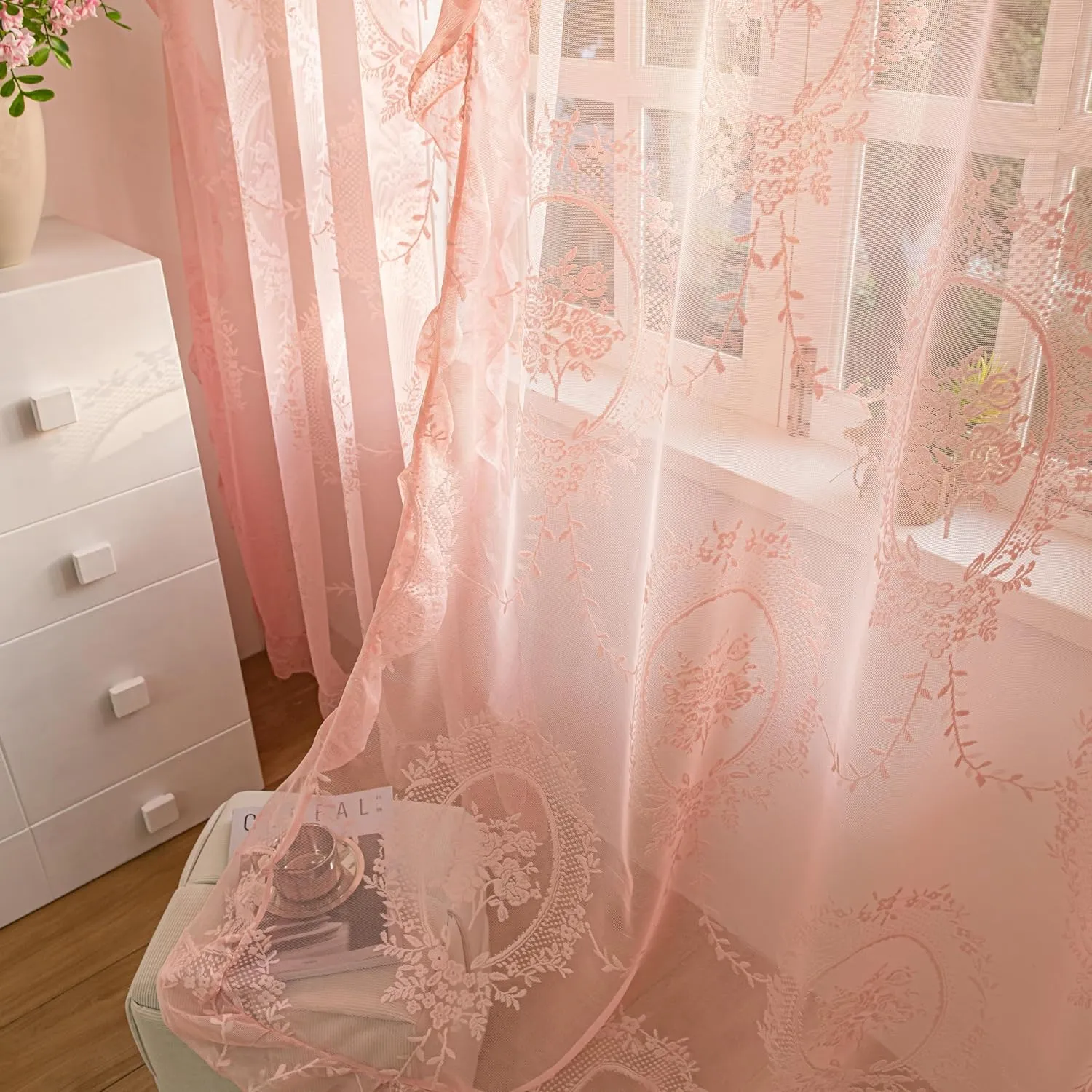 Pink Lace Curtains 2 Panels 72 inches Long for Kitchen Nursery Room, Sheer Rose Florals Embroidery Shabby Chic Window Treatments Drapes Pair for Kid Girl's Room, Rod Pocket W57 x L72