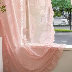 Pink Lace Curtains 2 Panels 72 inches Long for Kitchen Nursery Room, Sheer Rose Florals Embroidery Shabby Chic Window Treatments Drapes Pair for Kid Girl's Room, Rod Pocket W57 x L72