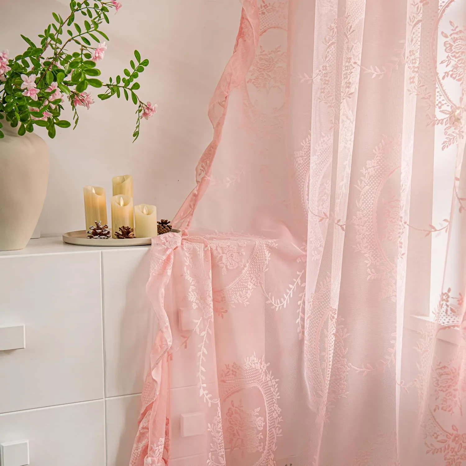 Pink Lace Curtains 2 Panels 72 inches Long for Kitchen Nursery Room, Sheer Rose Florals Embroidery Shabby Chic Window Treatments Drapes Pair for Kid Girl's Room, Rod Pocket W57 x L72