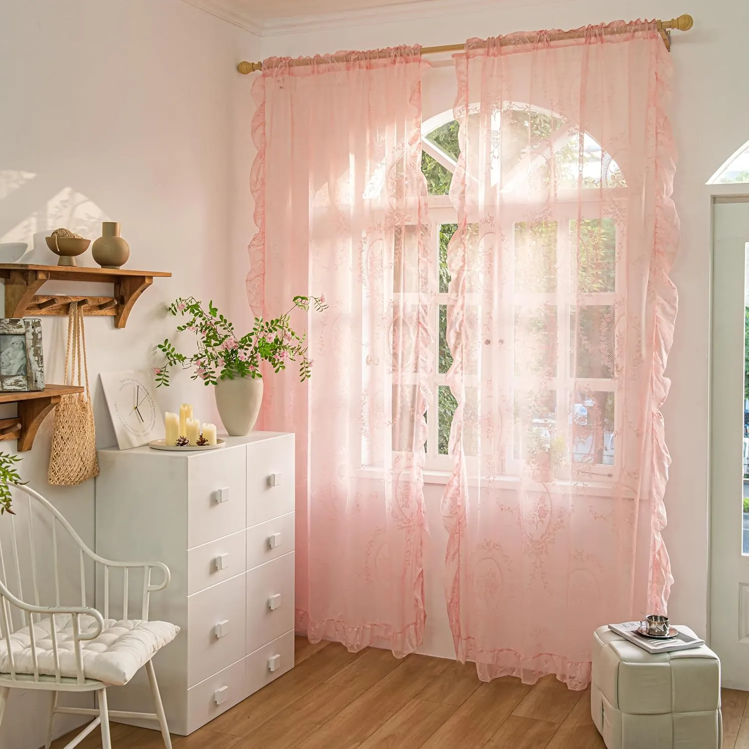 Pink Lace Curtains 2 Panels 72 inches Long for Kitchen Nursery Room, Sheer Rose Florals Embroidery Shabby Chic Window Treatments Drapes Pair for Kid Girl's Room, Rod Pocket W57 x L72