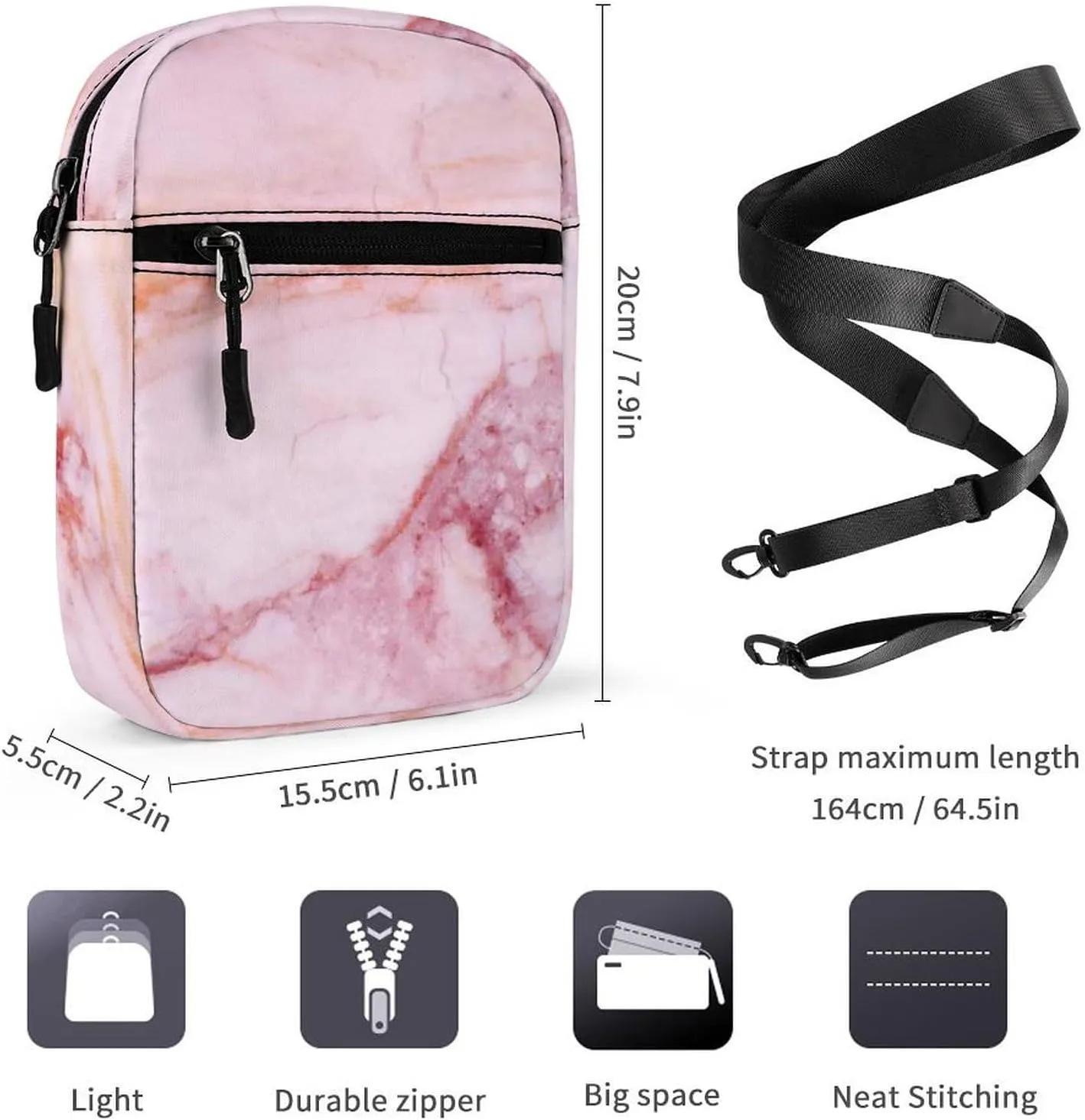 Pink Marble Stone Texture Rip Pattern Pink Abstract Paint Adjustable Fanny Waist Pack Pouch, Waterproof Crossbody Runners Bag Wallet for Gym Hiking Fitness Women Men 6.1 x 2.2 x 7.9 inch