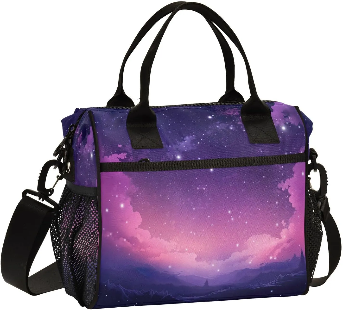 Pink Nebula Stars Print Insulated Lunch Bag with Shoulder Strap & Carry Handle, Eco-friendly Cooler Bag Tote Bag for Men,Women#116