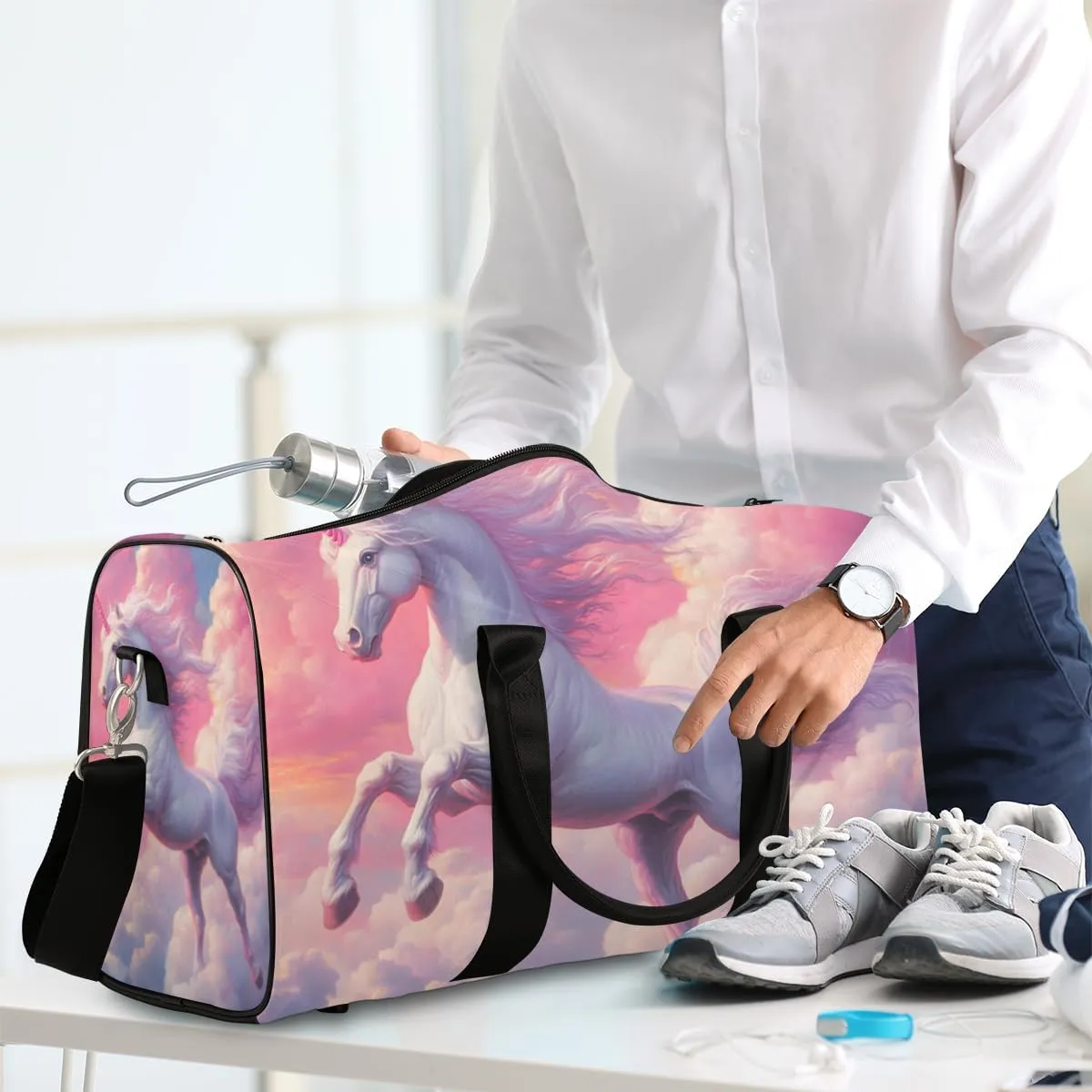 Pink Unicorn Travel Duffle Bag for Women Men Gym Duffel Foldable Bag Waterproof Weekender Sky Fantasy Duffle Tote