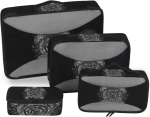Polynesian Silver Tribal Sea Turtle Tattoo on Black Toned Maori 4 PCs Set Packing Bags, Luggage Organizer Bag, Portable Cube Toiletry bag, Durable Travel Cosmetic Storage Bag for Men Women