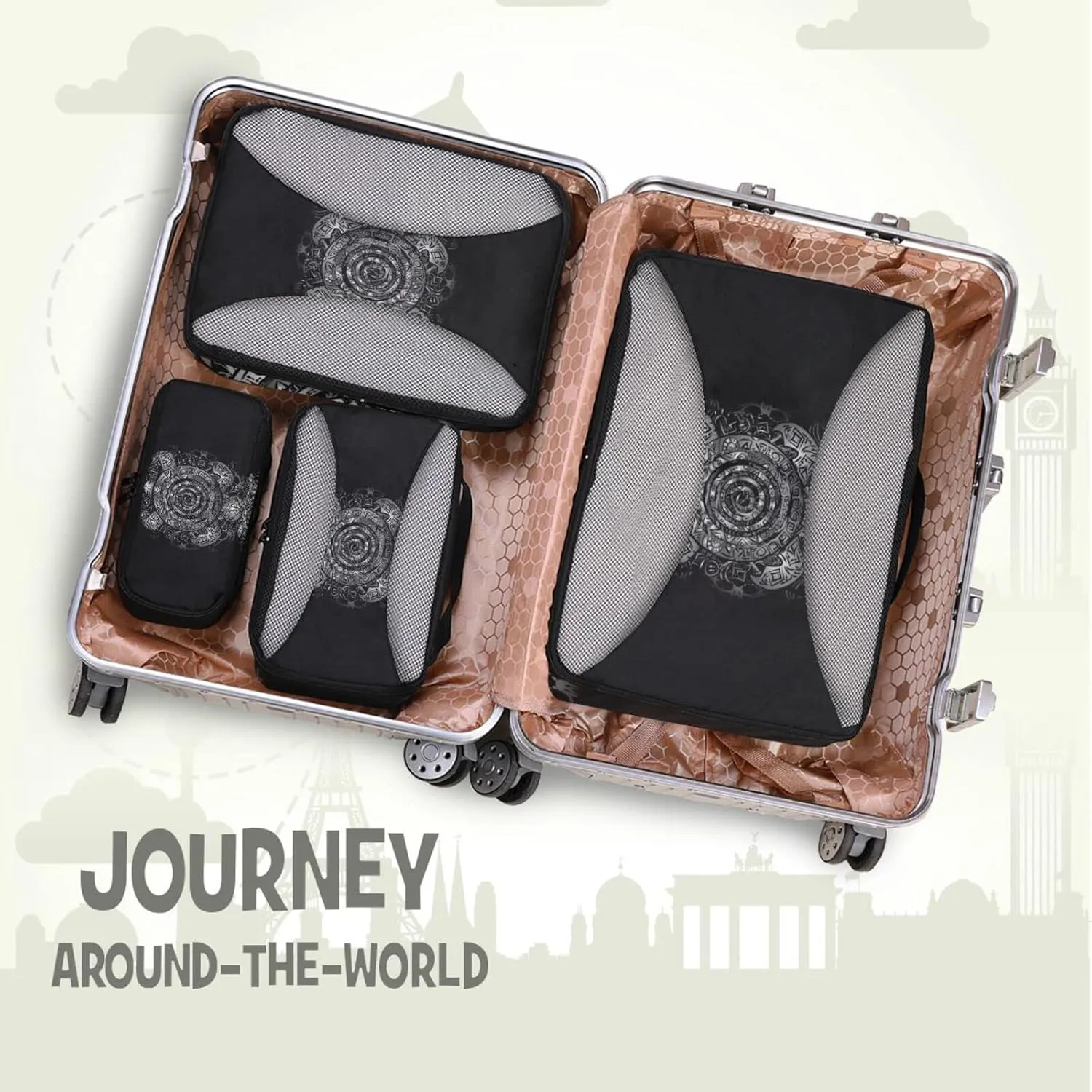 Polynesian Silver Tribal Sea Turtle Tattoo on Black Toned Maori 4 PCs Set Packing Bags, Luggage Organizer Bag, Portable Cube Toiletry bag, Durable Travel Cosmetic Storage Bag for Men Women