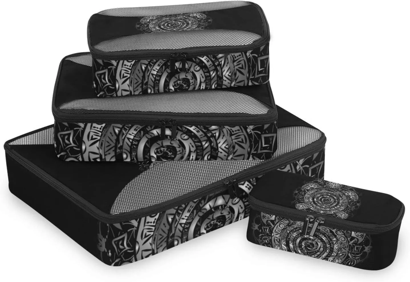 Polynesian Silver Tribal Sea Turtle Tattoo on Black Toned Maori 4 PCs Set Packing Bags, Luggage Organizer Bag, Portable Cube Toiletry bag, Durable Travel Cosmetic Storage Bag for Men Women