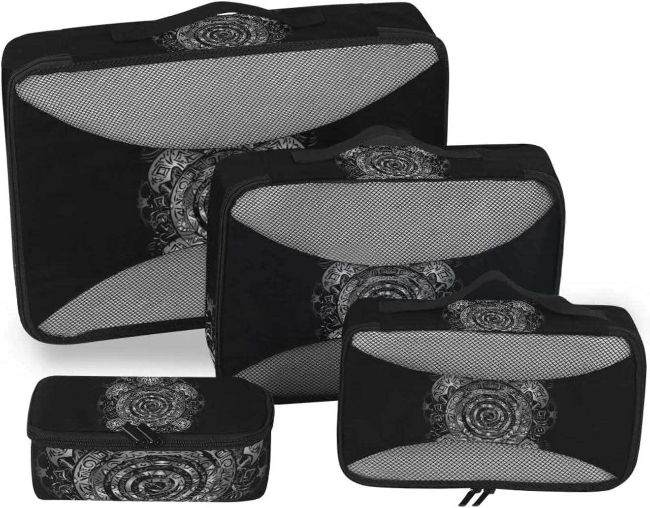 Polynesian Silver Tribal Sea Turtle Tattoo on Black Toned Maori 4 PCs Set Packing Bags, Luggage Organizer Bag, Portable Cube Toiletry bag, Durable Travel Cosmetic Storage Bag for Men Women