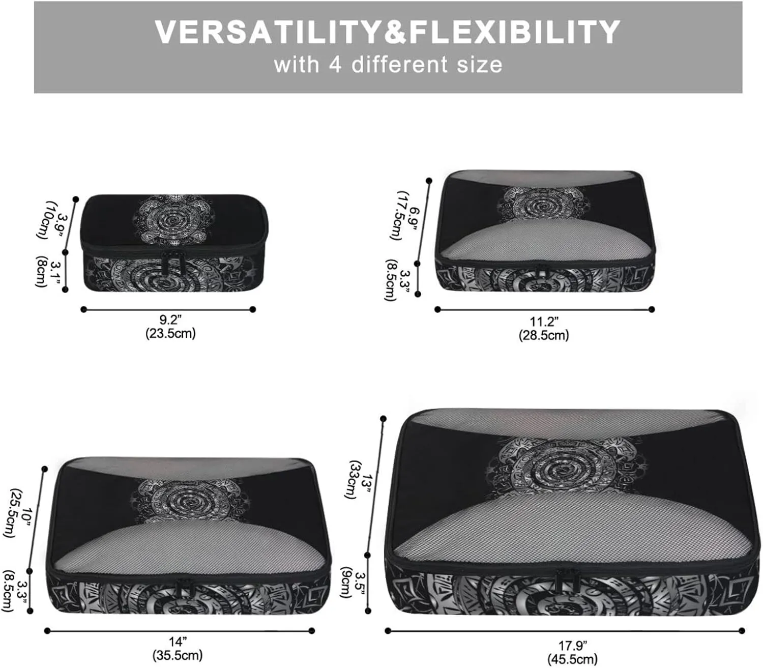 Polynesian Silver Tribal Sea Turtle Tattoo on Black Toned Maori 4 PCs Set Packing Bags, Luggage Organizer Bag, Portable Cube Toiletry bag, Durable Travel Cosmetic Storage Bag for Men Women