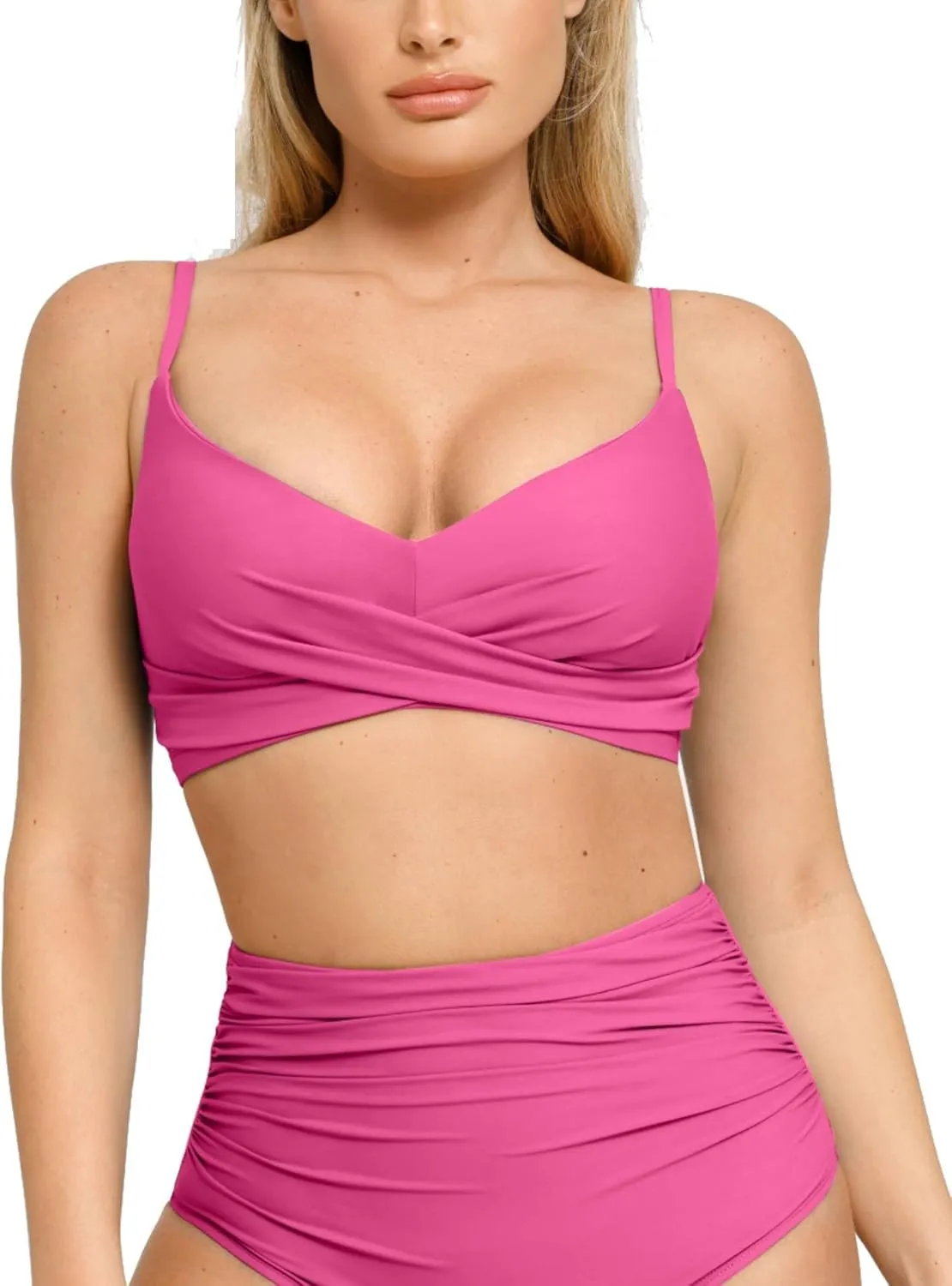 Popilush Bikini Top for Women - Twist Front V Neck Push Up Padded Swim Top with Adjustable Straps - Bathing Suit Top