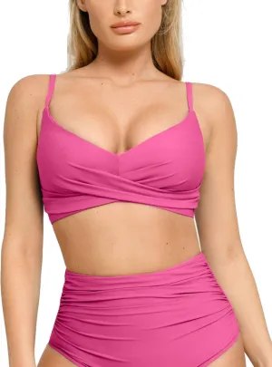Popilush Bikini Top for Women - Twist Front V Neck Push Up Padded Swim Top with Adjustable Straps - Bathing Suit Top