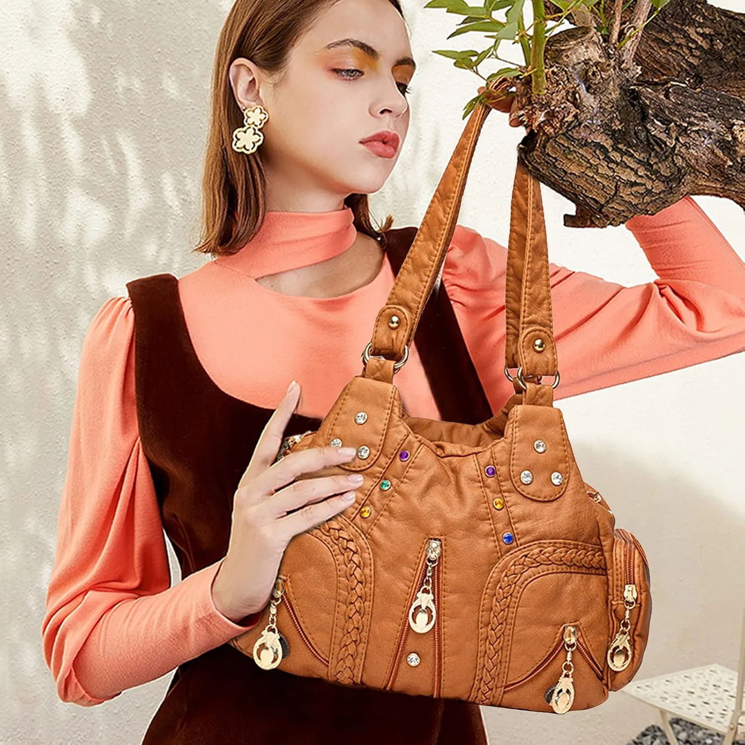PORRASSO Ladies Handbags Fashion Shoulder Bag Hobo Bag Soft PU Leather Crossbody Bags Women Top-handle Bag