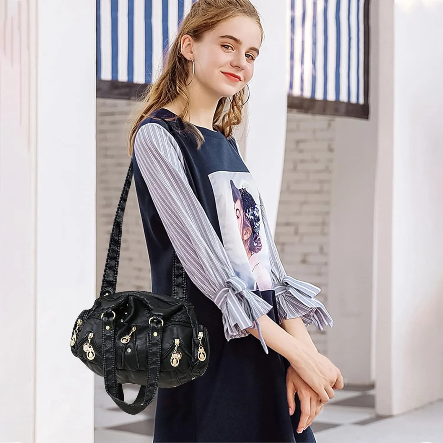 PORRASSO Ladies Handbags Fashion Shoulder Bag Hobo Bag Soft PU Leather Crossbody Bags Women Top-handle Bag