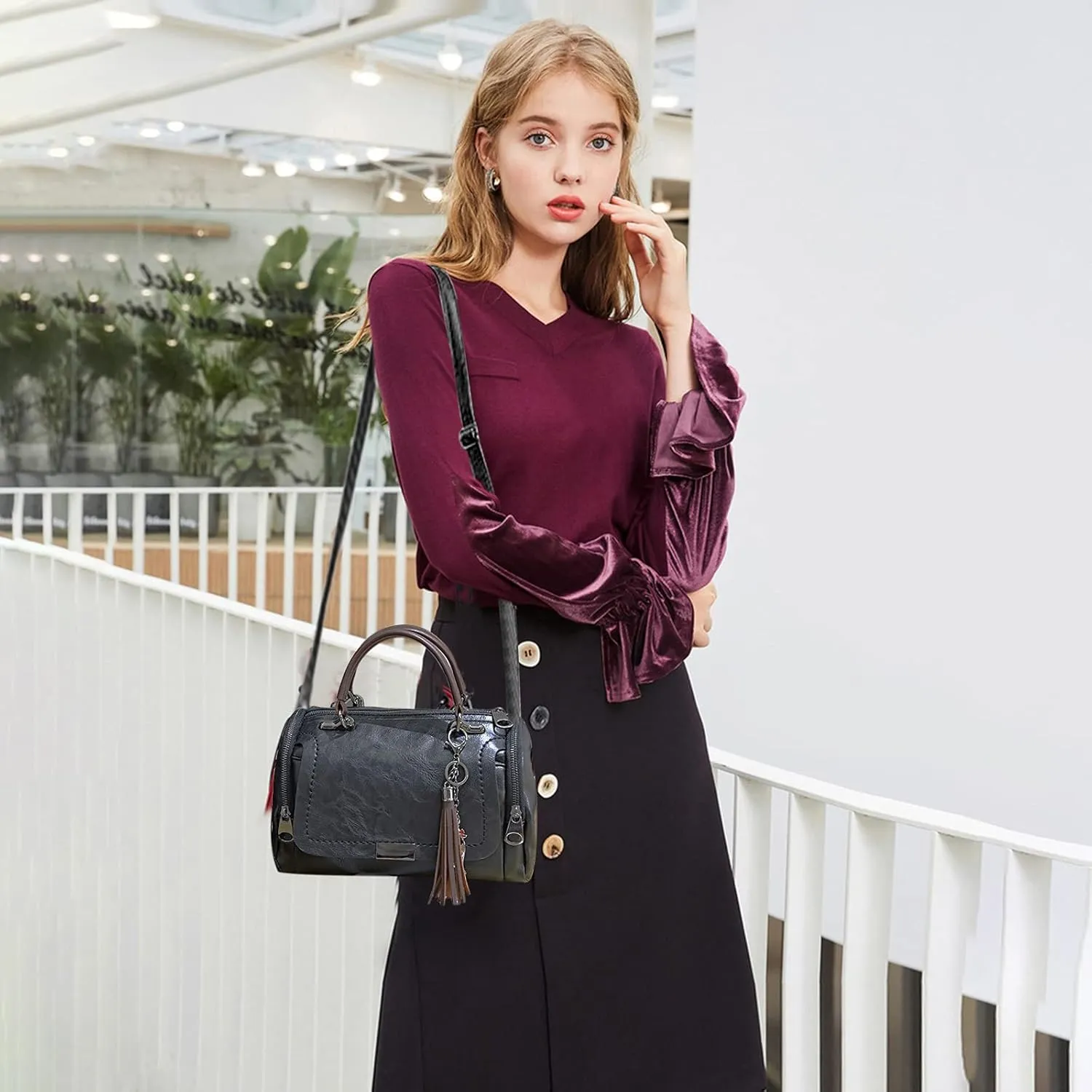 PORRASSO Retro Handbag Women Crossbody Bag Ladies Shoulder Bag Waterproof PU Leather Top-Handle Bag