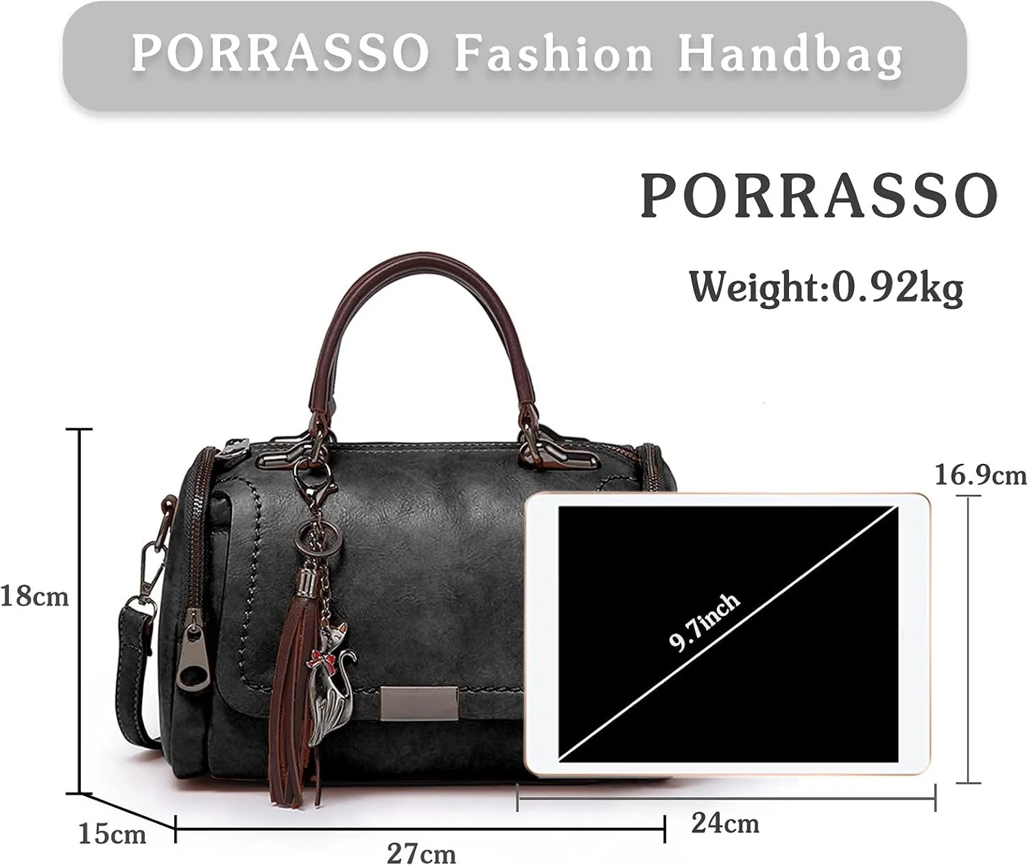 PORRASSO Retro Handbag Women Crossbody Bag Ladies Shoulder Bag Waterproof PU Leather Top-Handle Bag