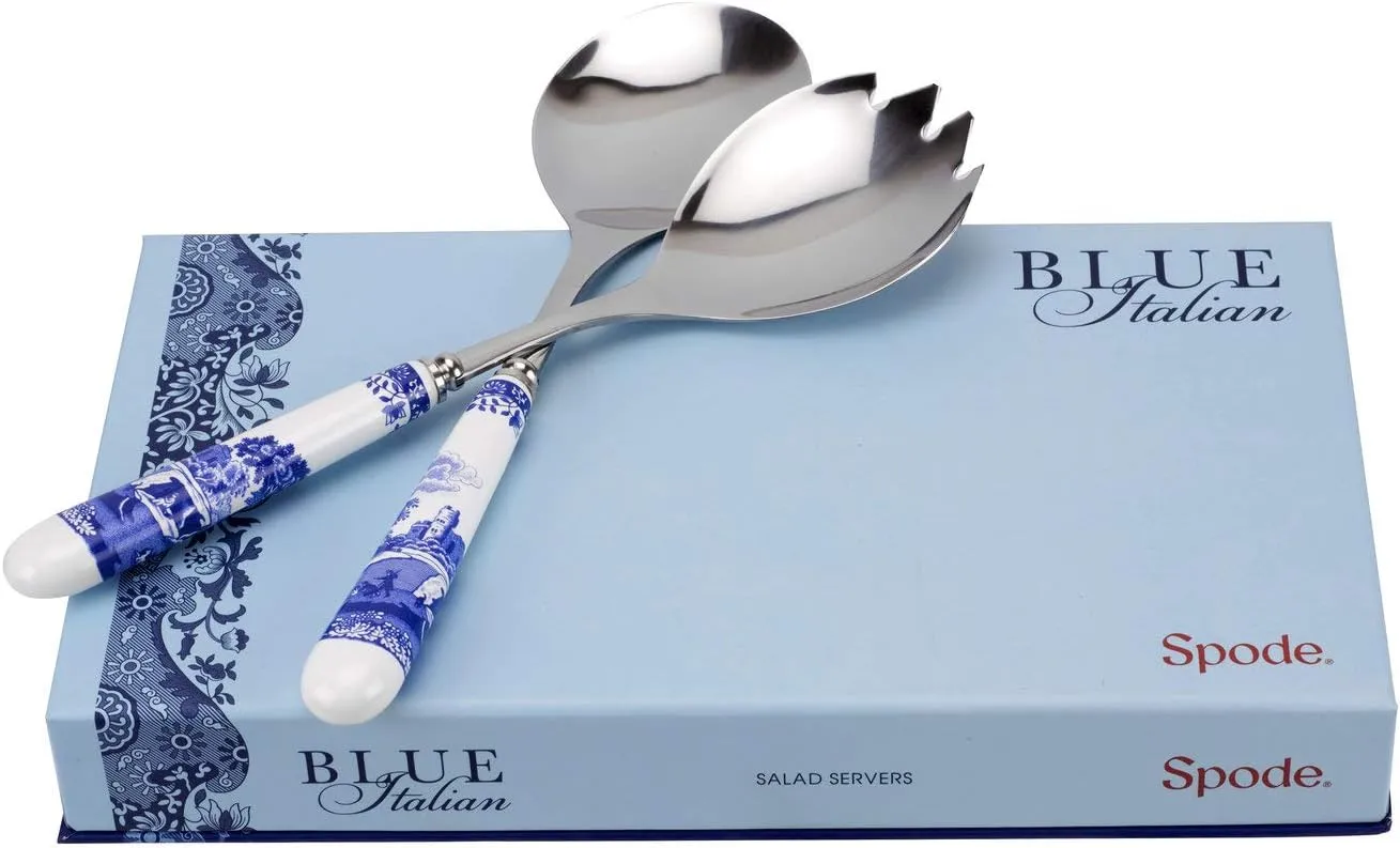Portmeirion Spode Blue Italian Collection Salad Servers, 2 Piece Spoon and Fork Set, 10 Inch, Made of Porcelain and Stainless Steel, Italian Countryside Design - 2 Piece