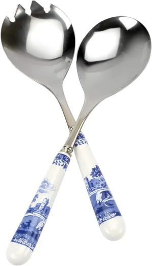 Portmeirion Spode Blue Italian Collection Salad Servers, 2 Piece Spoon and Fork Set, 10 Inch, Made of Porcelain and Stainless Steel, Italian Countryside Design - 2 Piece