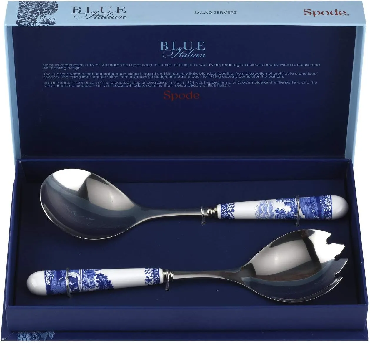 Portmeirion Spode Blue Italian Collection Salad Servers, 2 Piece Spoon and Fork Set, 10 Inch, Made of Porcelain and Stainless Steel, Italian Countryside Design - 2 Piece