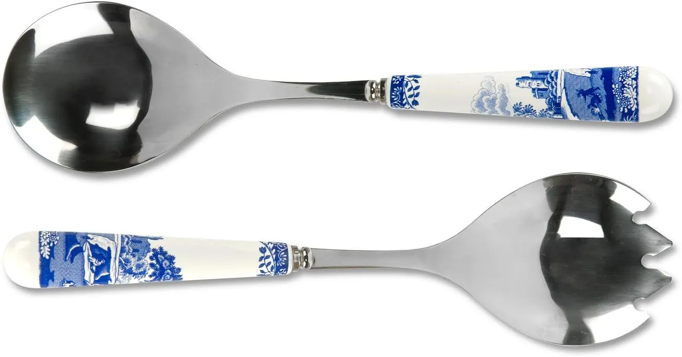 Portmeirion Spode Blue Italian Collection Salad Servers, 2 Piece Spoon and Fork Set, 10 Inch, Made of Porcelain and Stainless Steel, Italian Countryside Design - 2 Piece