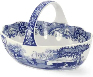 Portmeirion Spode Blue Italian Handled Basket, Fruit Bowl, Centerpiece for Potpourri, Home Décor, Made of Porcelain, Measures 6-Inches (Blue/White)