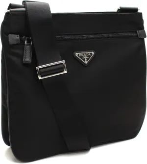 Prada Midnight Black Tessuto Nylon & Saffian Leather Designer Crossbody Messenger Travel Bag for Women and for Men 2VH563