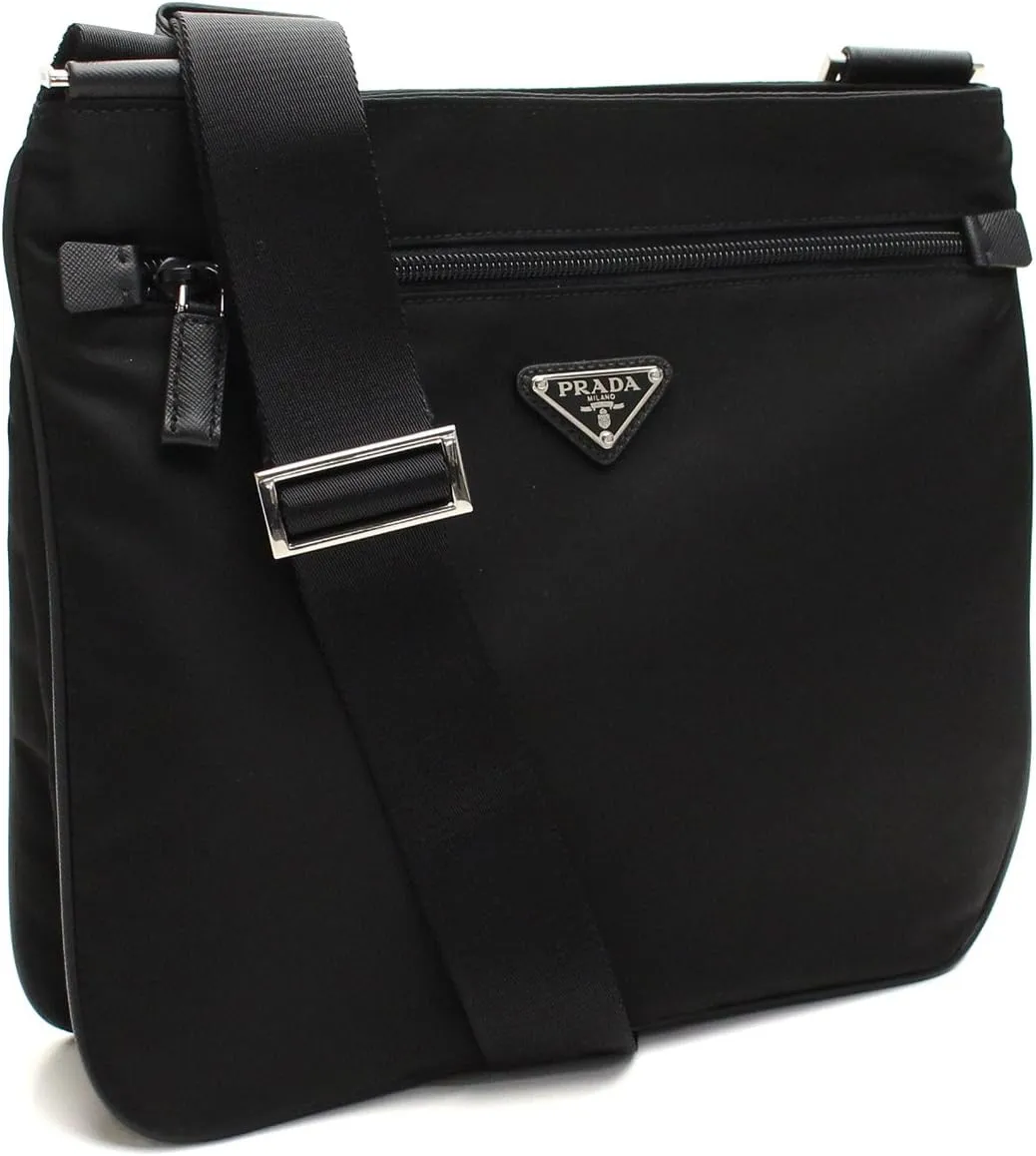 Prada Midnight Black Tessuto Nylon & Saffian Leather Designer Crossbody Messenger Travel Bag for Women and for Men 2VH563
