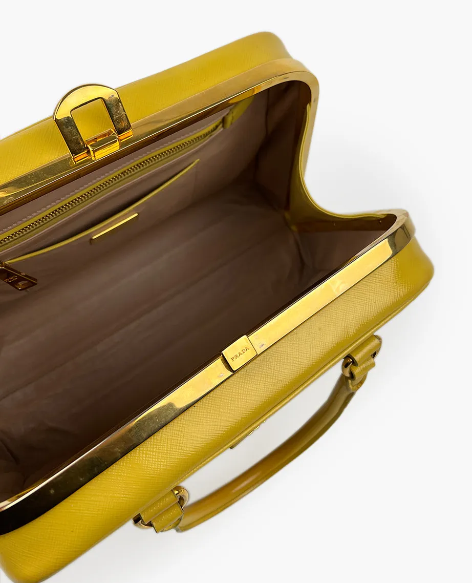 Prada Saffiano Leather Pyramid Frame Satchel &amp; Wallet Yellow