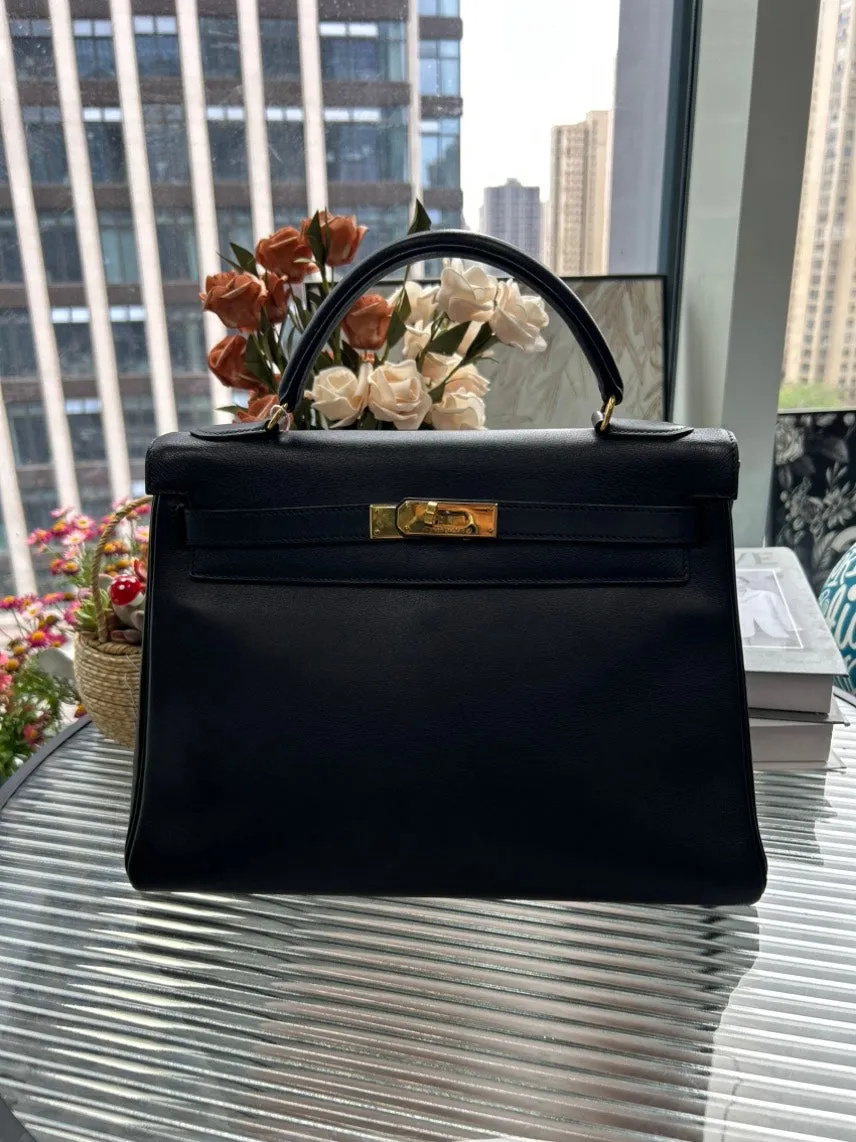 Preloved Hermes Kelly 32 Black Leather Top Handle Bag