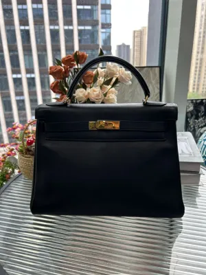 Preloved Hermes Kelly 32 Black Leather Top Handle Bag