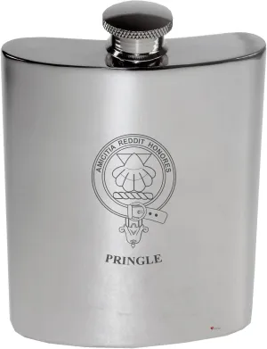 Pringle Family Crest 6oz Polished Pewter Kidney Flask