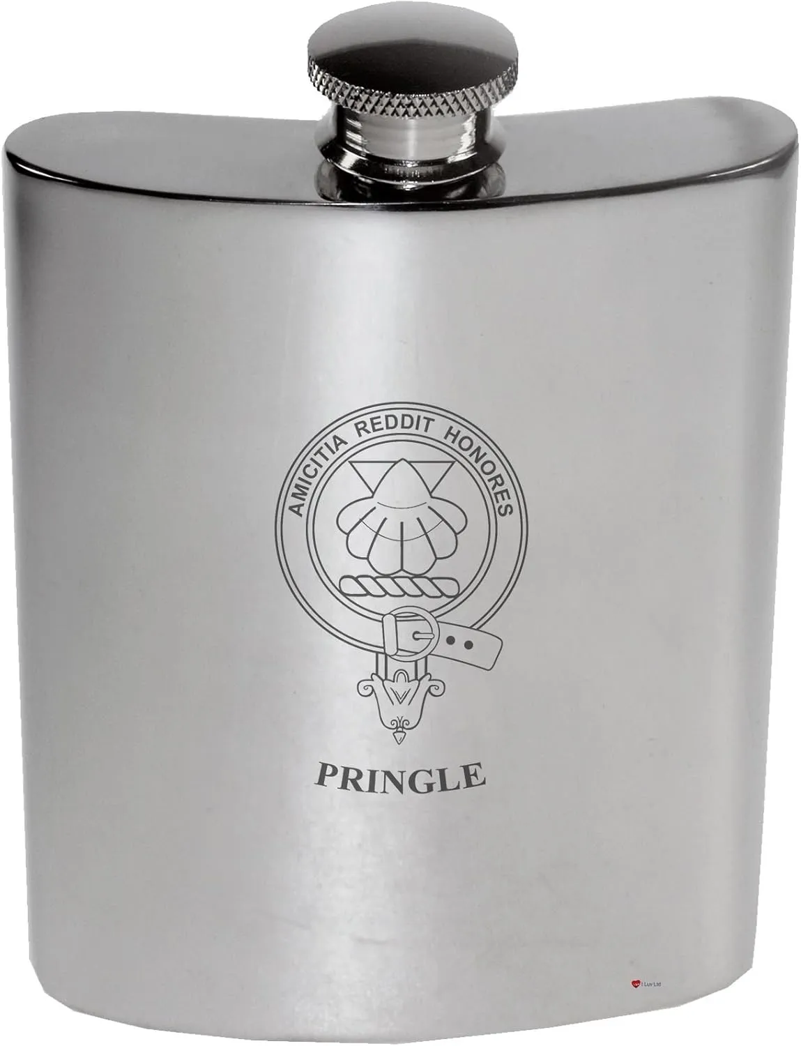 Pringle Family Crest 6oz Polished Pewter Kidney Flask