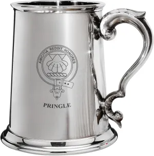Pringle Family Crest Polished Pewter 1 Pint Tankard with Scroll handle