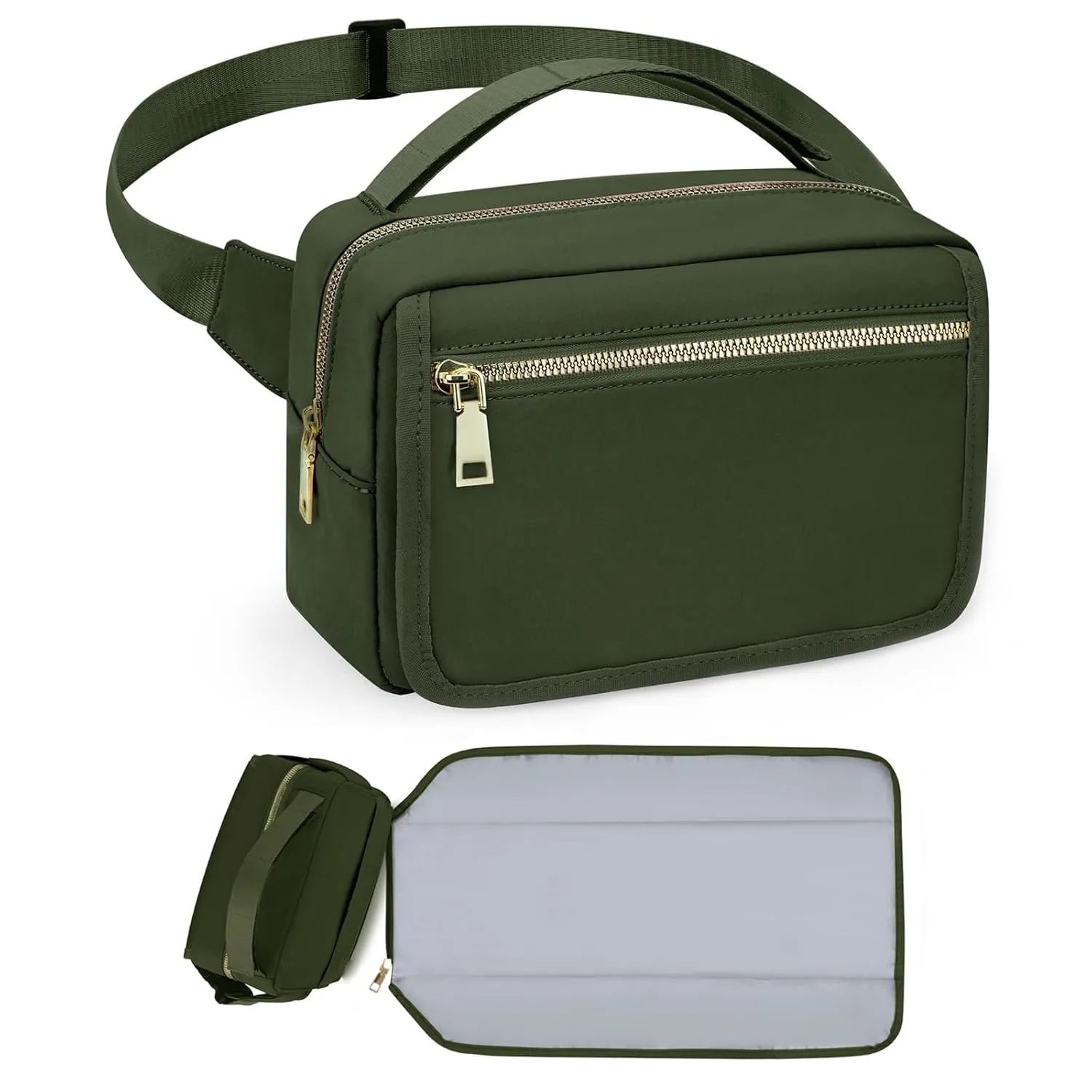 printe Small Diaper Bag with Portable Changing Pad, Crossbody Diaper Bag Pack with Wipes Pocket, Women Waist Bag for Travel (Olive Green, Large)