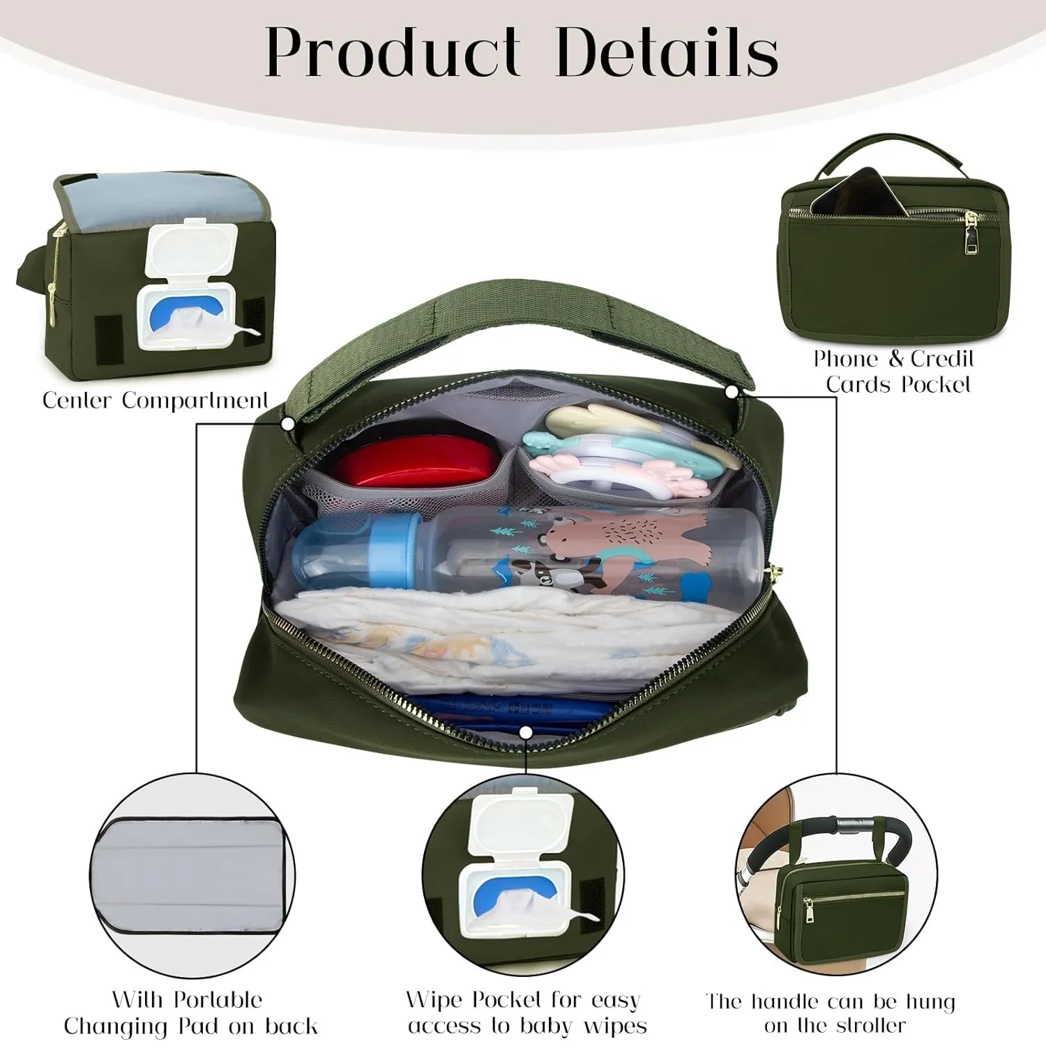 printe Small Diaper Bag with Portable Changing Pad, Crossbody Diaper Bag Pack with Wipes Pocket, Women Waist Bag for Travel (Olive Green, Large)