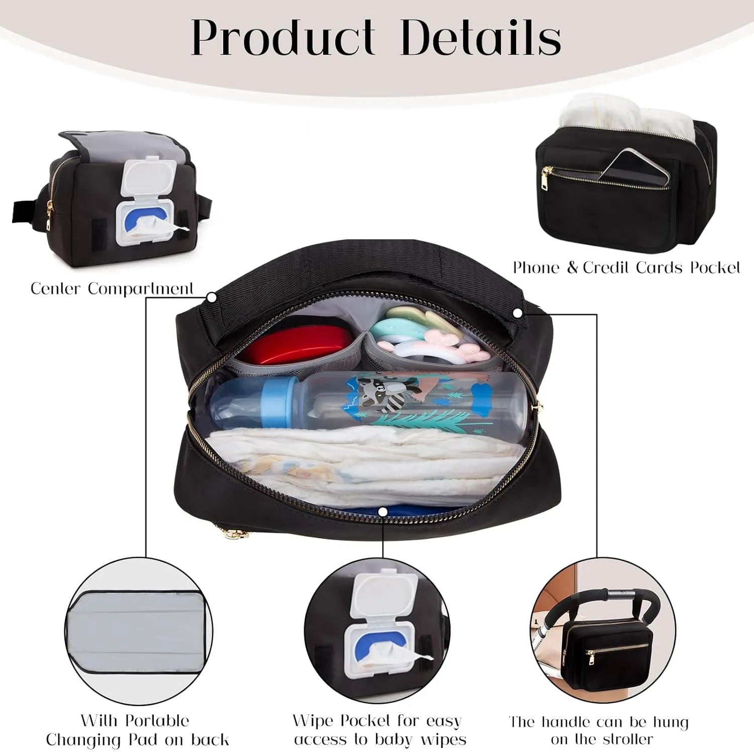 printe Small Diaper Bag with Portable Changing Pad, Crossbody Fanny Pack with Wipes Pocket for Stroller, Women Waist Bag for Travel, Black Large