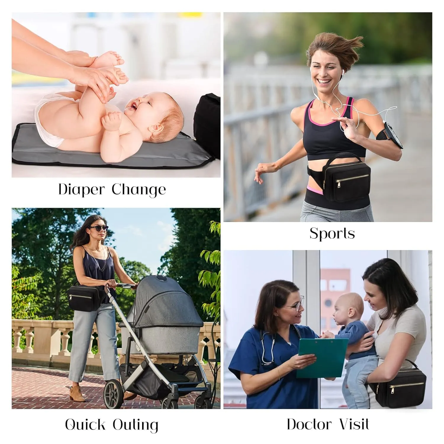 printe Small Diaper Bag with Portable Changing Pad, Crossbody Fanny Pack with Wipes Pocket for Stroller, Women Waist Bag for Travel, Black Large