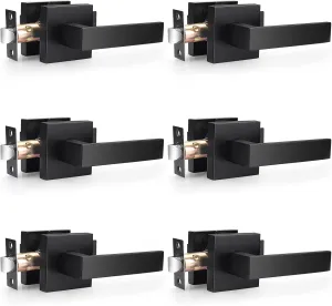 Probrico 6 Pack| Matte Black Passage Levers for Hall and Closet, Square Heavy Duty Interior Keyless Door Handles, Reversible for Left Right Sided Doors