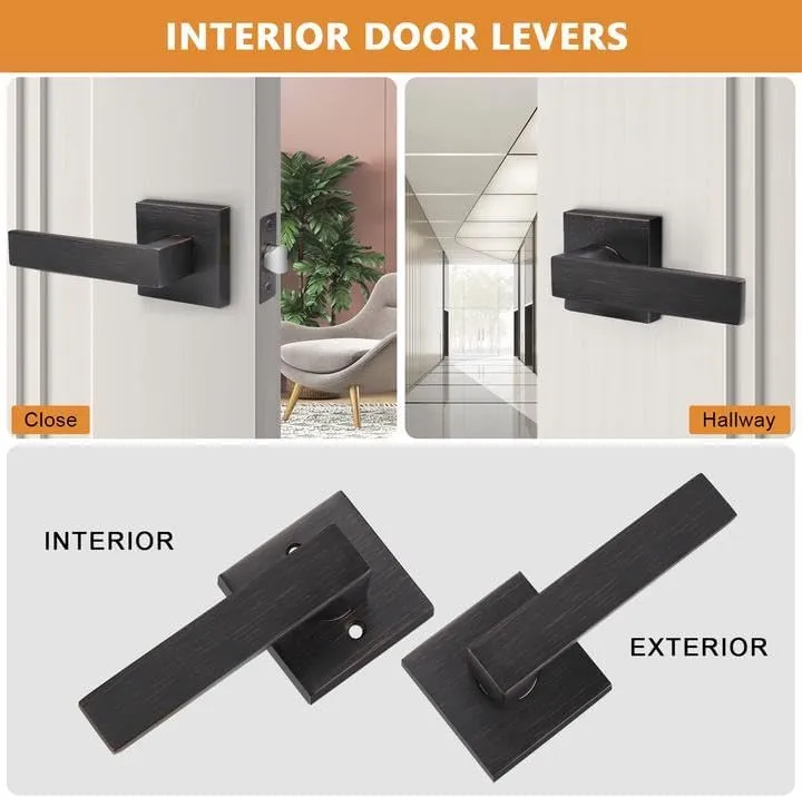 Probrico 6 Pack Passage Door Levers for Home Hall and Closet,Oil Rubbed Bronze Finish Square Door Handles Interior Non-Locking Hardware, Keyless Leversets, Heavy Duty