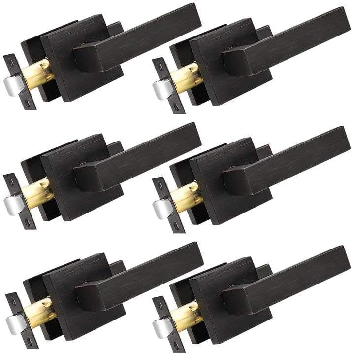 Probrico 6 Pack Passage Door Levers for Home Hall and Closet,Oil Rubbed Bronze Finish Square Door Handles Interior Non-Locking Hardware, Keyless Leversets, Heavy Duty