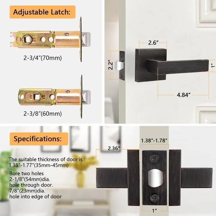Probrico 6 Pack Passage Door Levers for Home Hall and Closet,Oil Rubbed Bronze Finish Square Door Handles Interior Non-Locking Hardware, Keyless Leversets, Heavy Duty