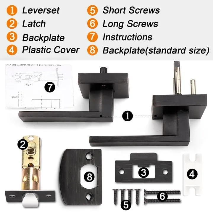 Probrico 6 Pack Passage Door Levers for Home Hall and Closet,Oil Rubbed Bronze Finish Square Door Handles Interior Non-Locking Hardware, Keyless Leversets, Heavy Duty