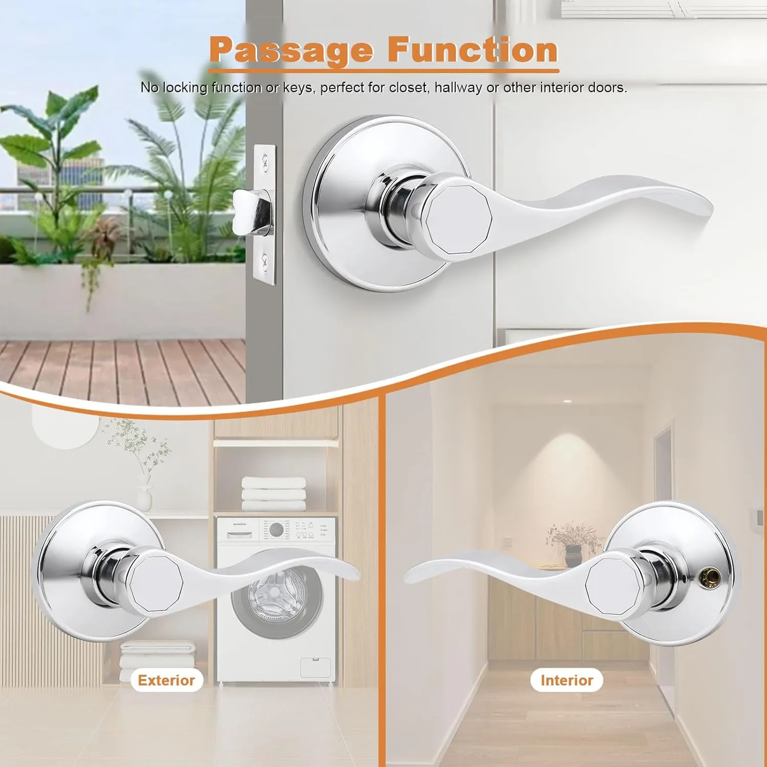 Probrico Interior Door Handle Lever Chrome Door Handles Passage Door Lever Handle, Closet Door Handle Polished Chrome Interior Keyless Door Handle for Hallway Closet Wave Style Reversible, 10 Pack