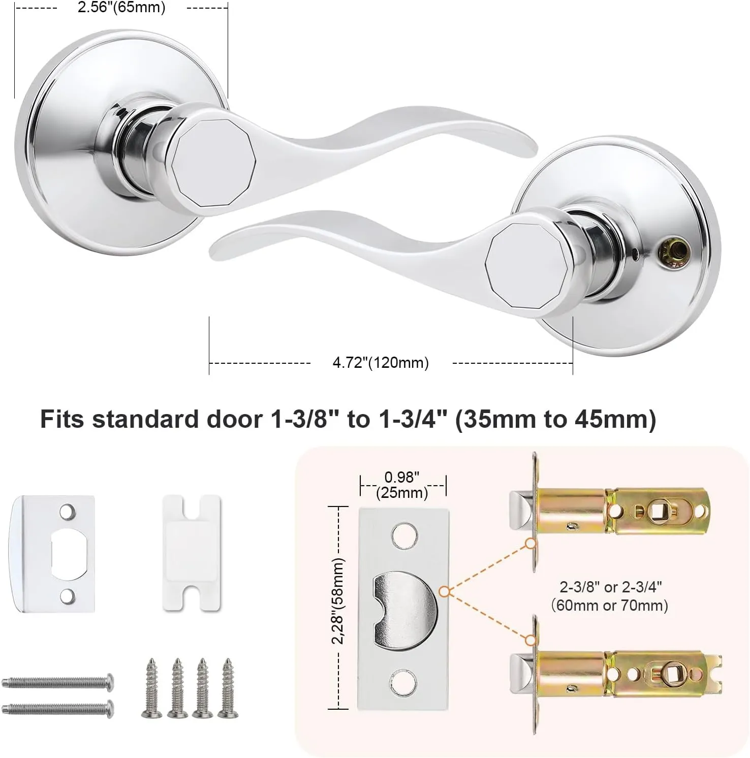 Probrico Interior Door Handle Lever Chrome Door Handles Passage Door Lever Handle, Closet Door Handle Polished Chrome Interior Keyless Door Handle for Hallway Closet Wave Style Reversible, 10 Pack