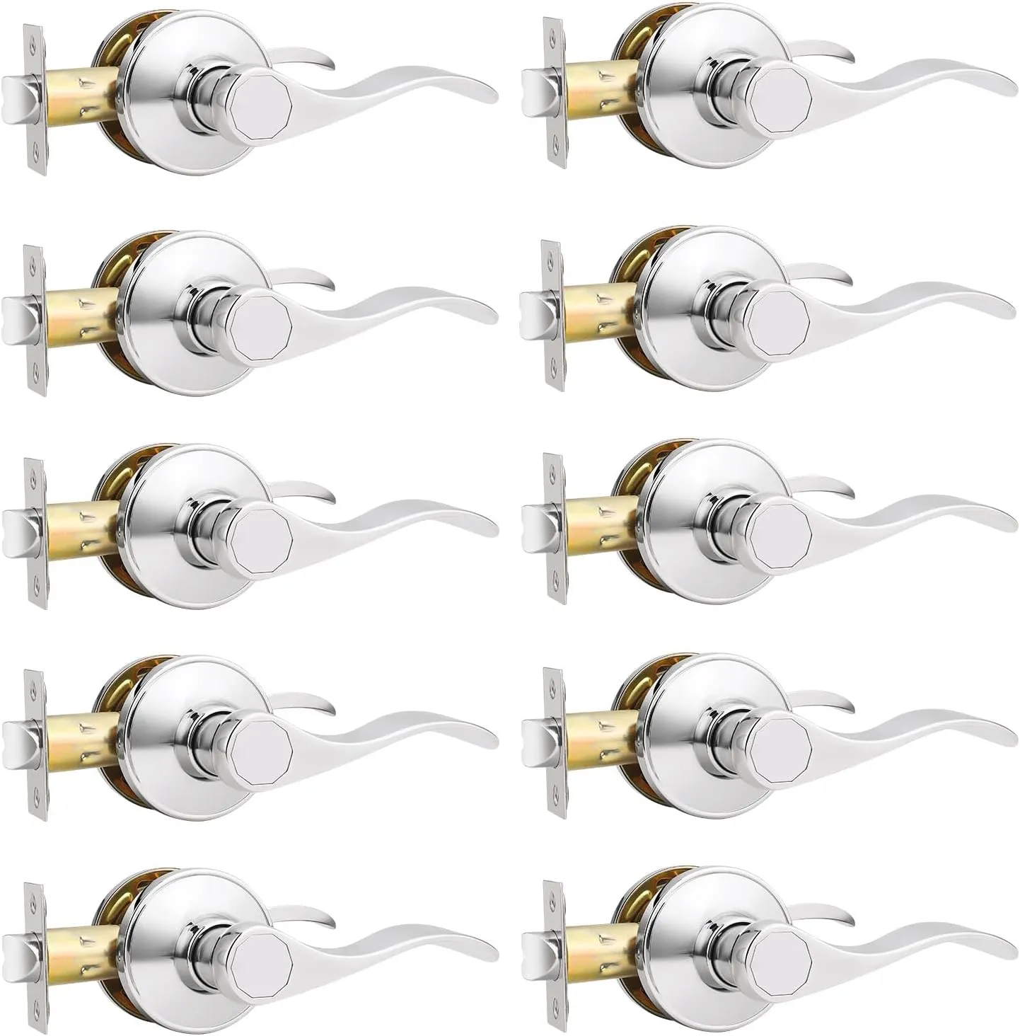 Probrico Interior Door Handle Lever Chrome Door Handles Passage Door Lever Handle, Closet Door Handle Polished Chrome Interior Keyless Door Handle for Hallway Closet Wave Style Reversible, 10 Pack