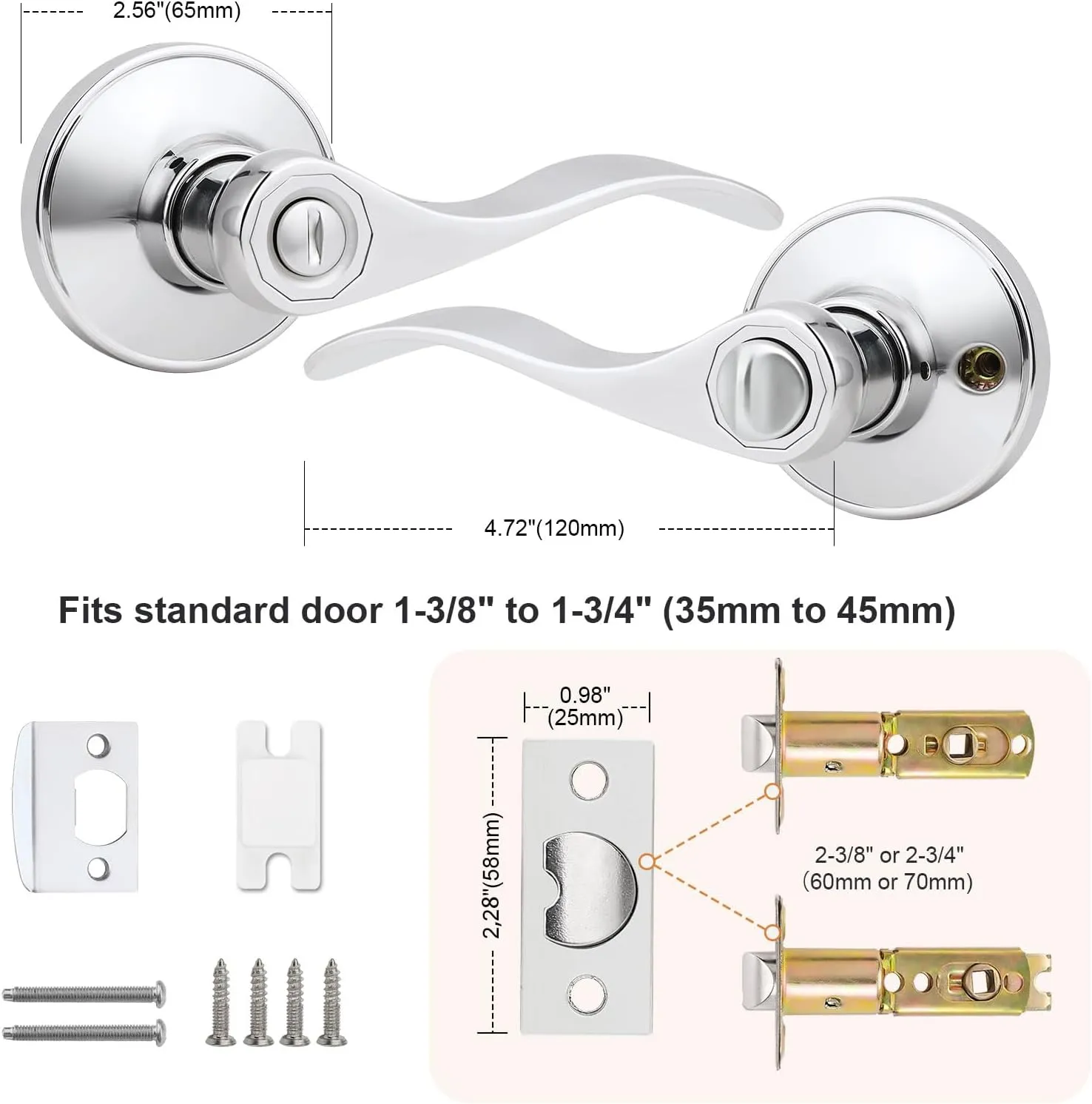 Probrico Polished Chrome Door Handles Privacy Door Lever, Interior Chrome Door Lever for Bedroom Bathroom, Keyless Interior Door Handle with Lock Wave Style, 6 Pack