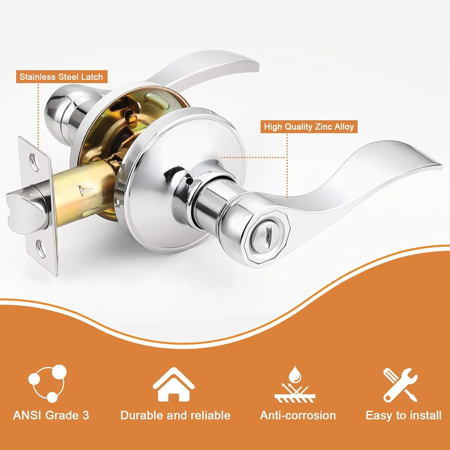 Probrico Polished Chrome Door Handles Privacy Door Lever, Interior Chrome Door Lever for Bedroom Bathroom, Keyless Interior Door Handle with Lock Wave Style, 6 Pack