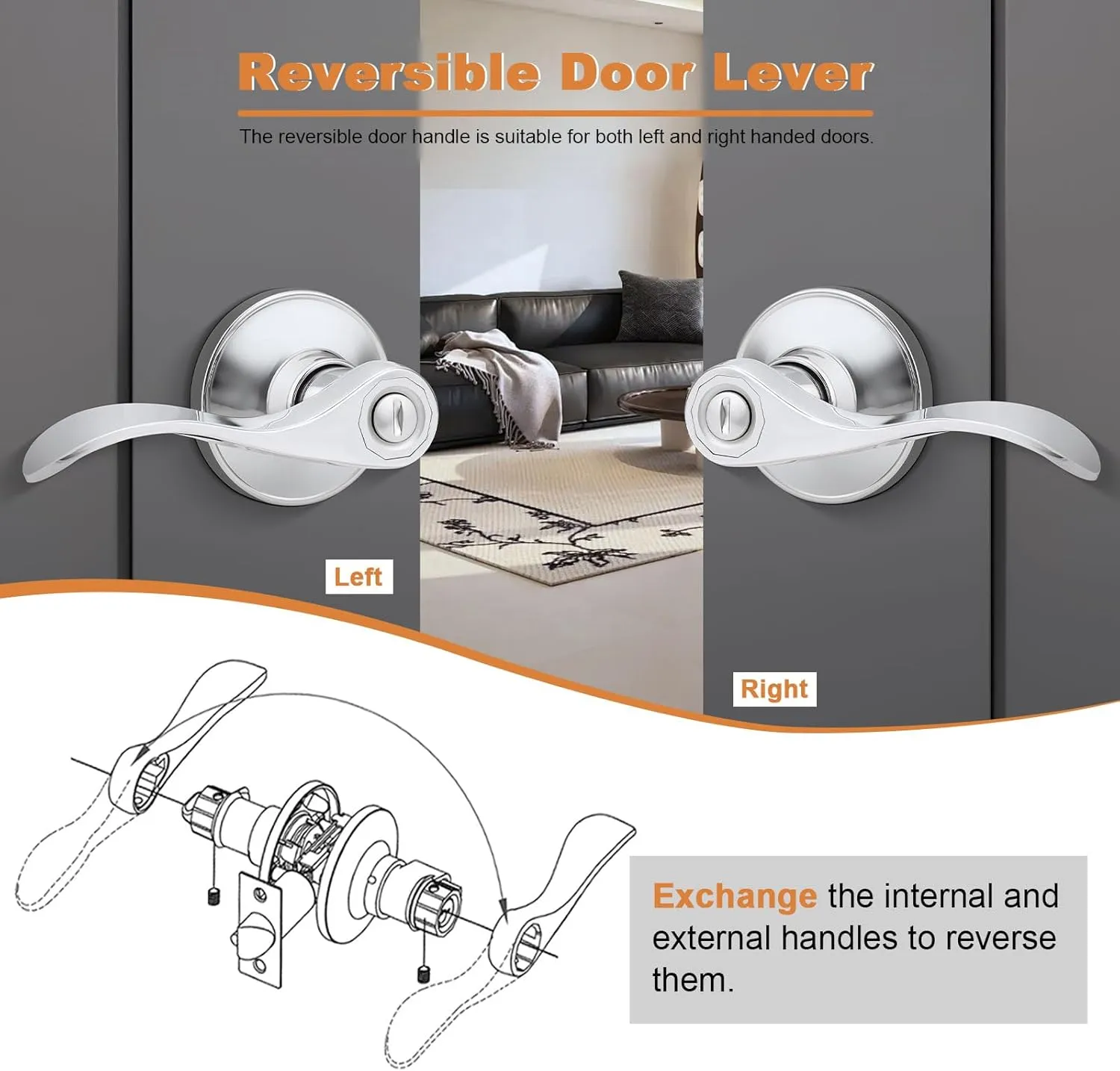 Probrico Polished Chrome Door Handles Privacy Door Lever, Interior Chrome Door Lever for Bedroom Bathroom, Keyless Interior Door Handle with Lock Wave Style, 6 Pack